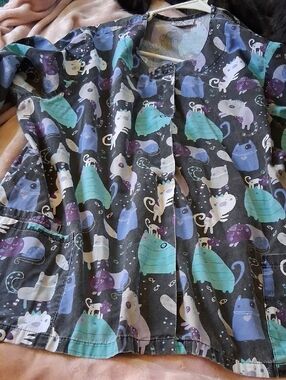 Smart Scrubs Cat & Space Print Top in Teal, Purple & Gray